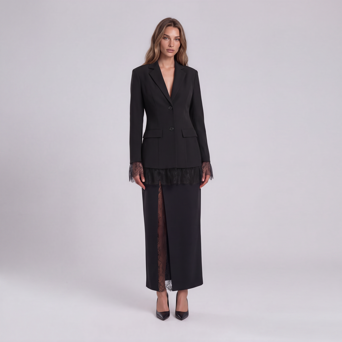 Zara Lace-Trim Blazer and Lace-Panel Maxi Skirt