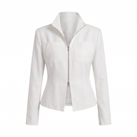 A white structured jacket with a stand collar, front zipper, and two chest flap pockets, shown on a plain white background.