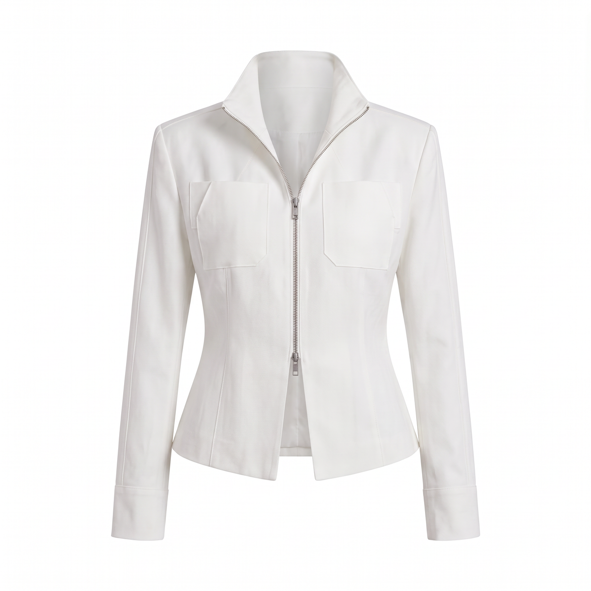 A white structured jacket with a stand collar, front zipper, and two chest flap pockets, shown on a plain white background.