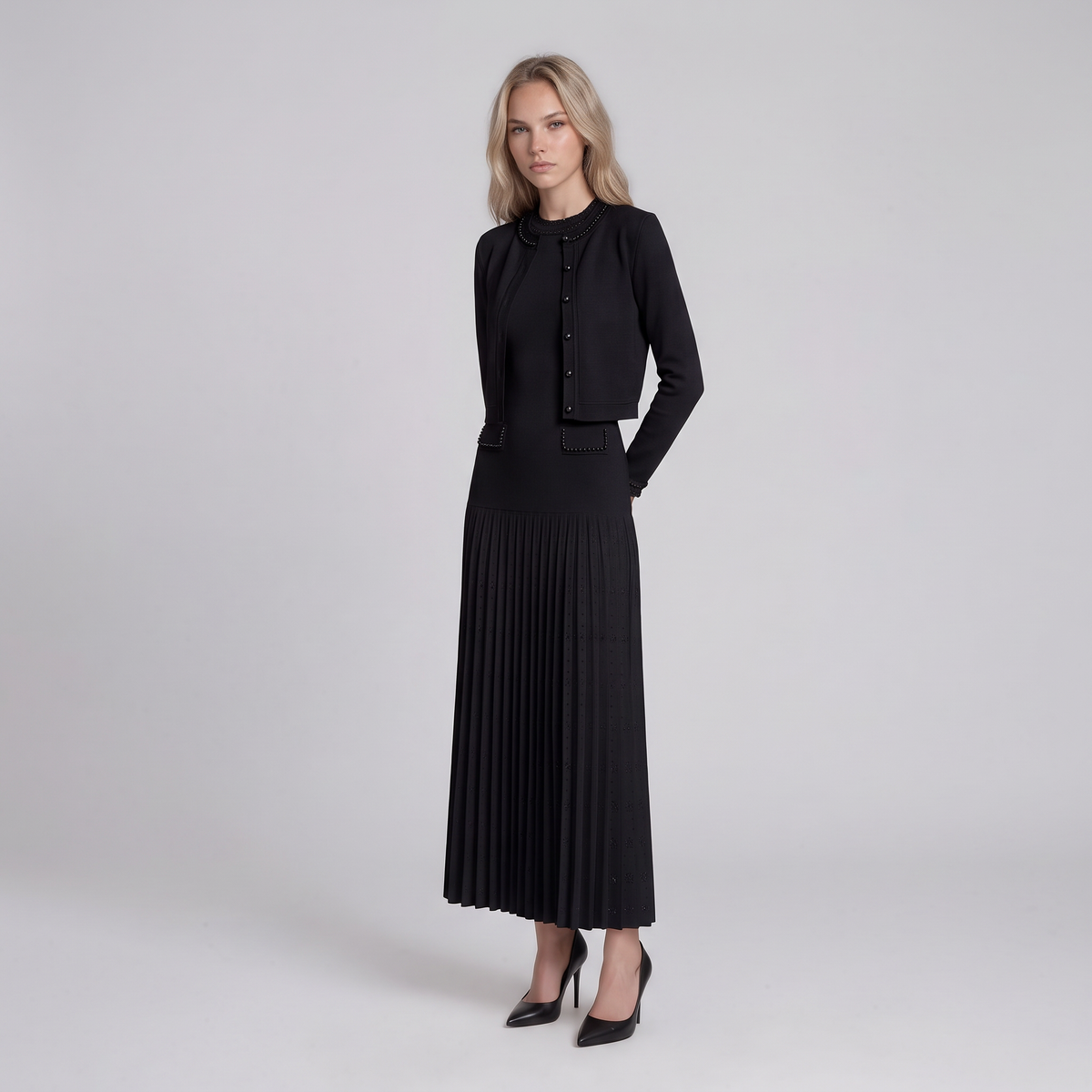 Olivia Pearl Cardigan and Pleated Maxi Dress