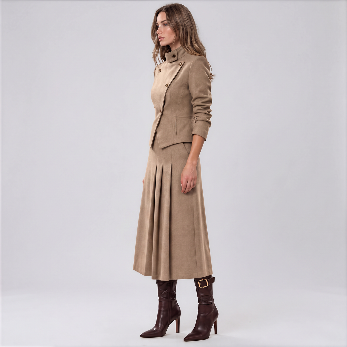 A woman models a beige two-piece suit consisting of a structured blazer with a high collar and matching pleated midi skirt, paired with dark brown ankle boots, against a light gray studio background.