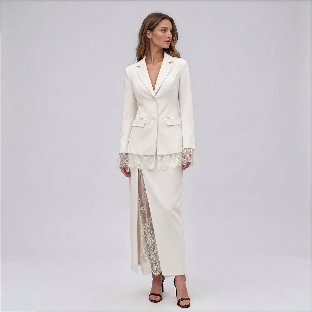 Zara Lace-Trim Blazer and Lace-Panel Maxi Skirt