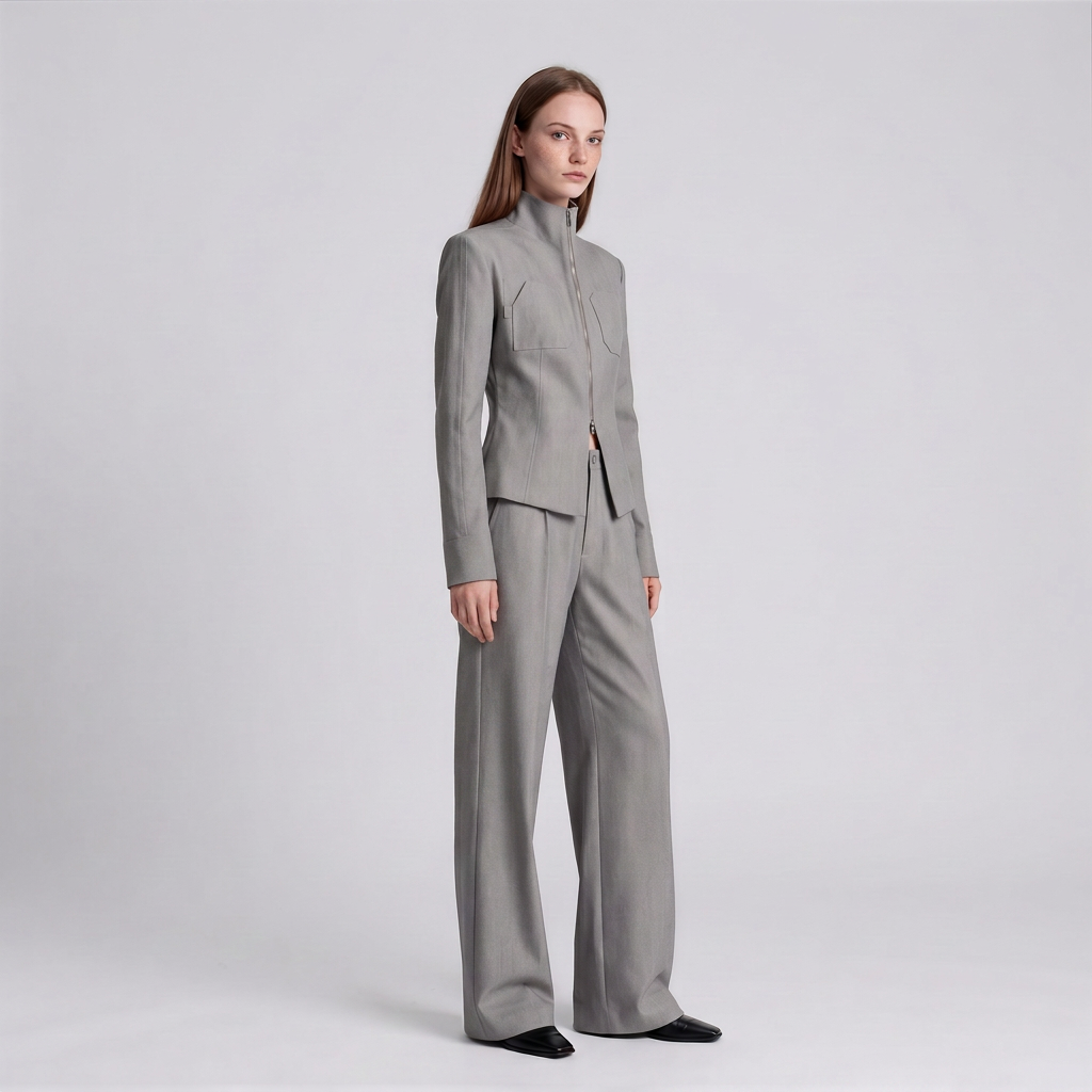A model stands in a studio wearing a light gray tailored suit with a structured jacket and wide-leg trousers, photographed against a plain light gray background.