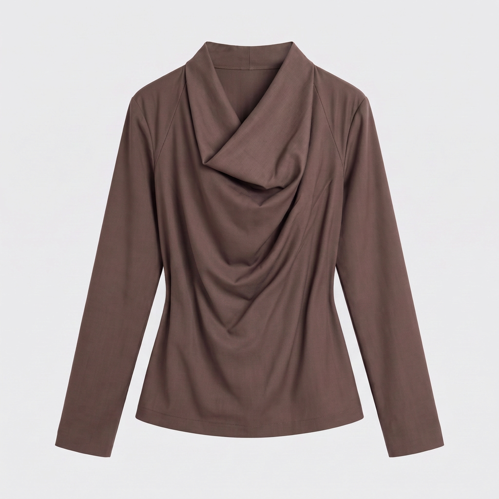 A women's long-sleeve top in a solid medium brown color, featuring a draped cowl neckline, shown against a light gray background.
