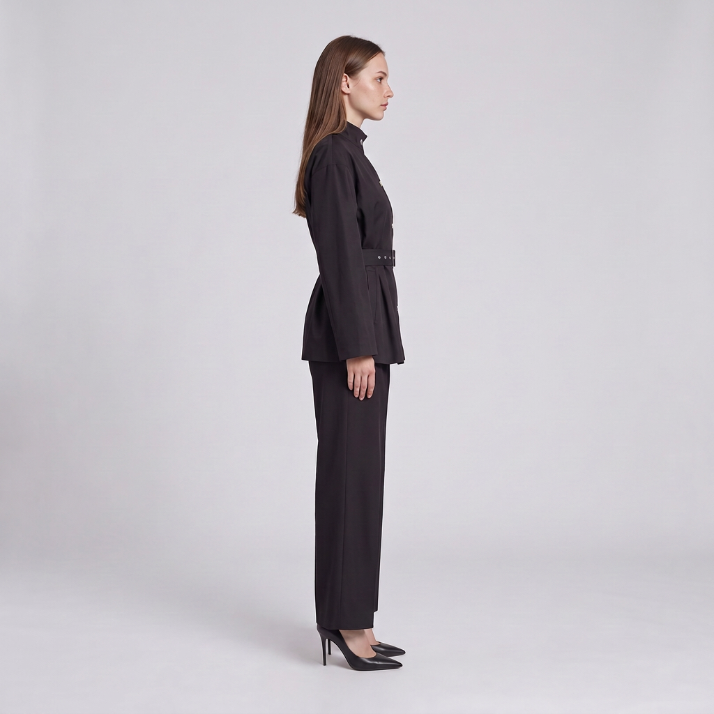 A woman stands in profile wearing a dark tailored two-piece outfit with a long-sleeve belted jacket and matching straight-leg pants, paired with black heels, against a light gray studio background.