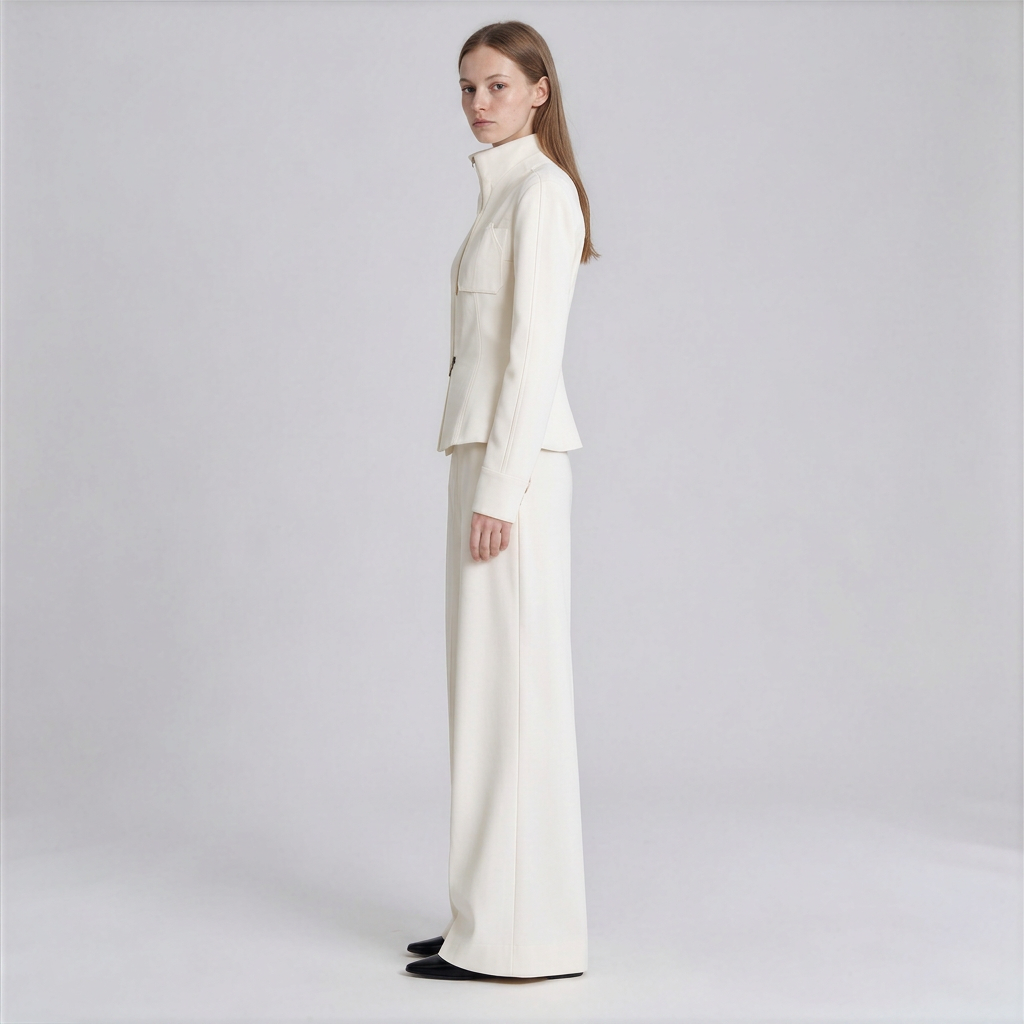 A woman stands in profile wearing a matching cream-colored tailored set consisting of a structured long-sleeve jacket with a high mock neck and wide-leg trousers, photographed against a light gray studio background.