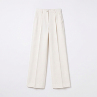 A pair of high-waisted, wide-leg trousers in a warm off-white or cream color, laid flat against a clean white background.