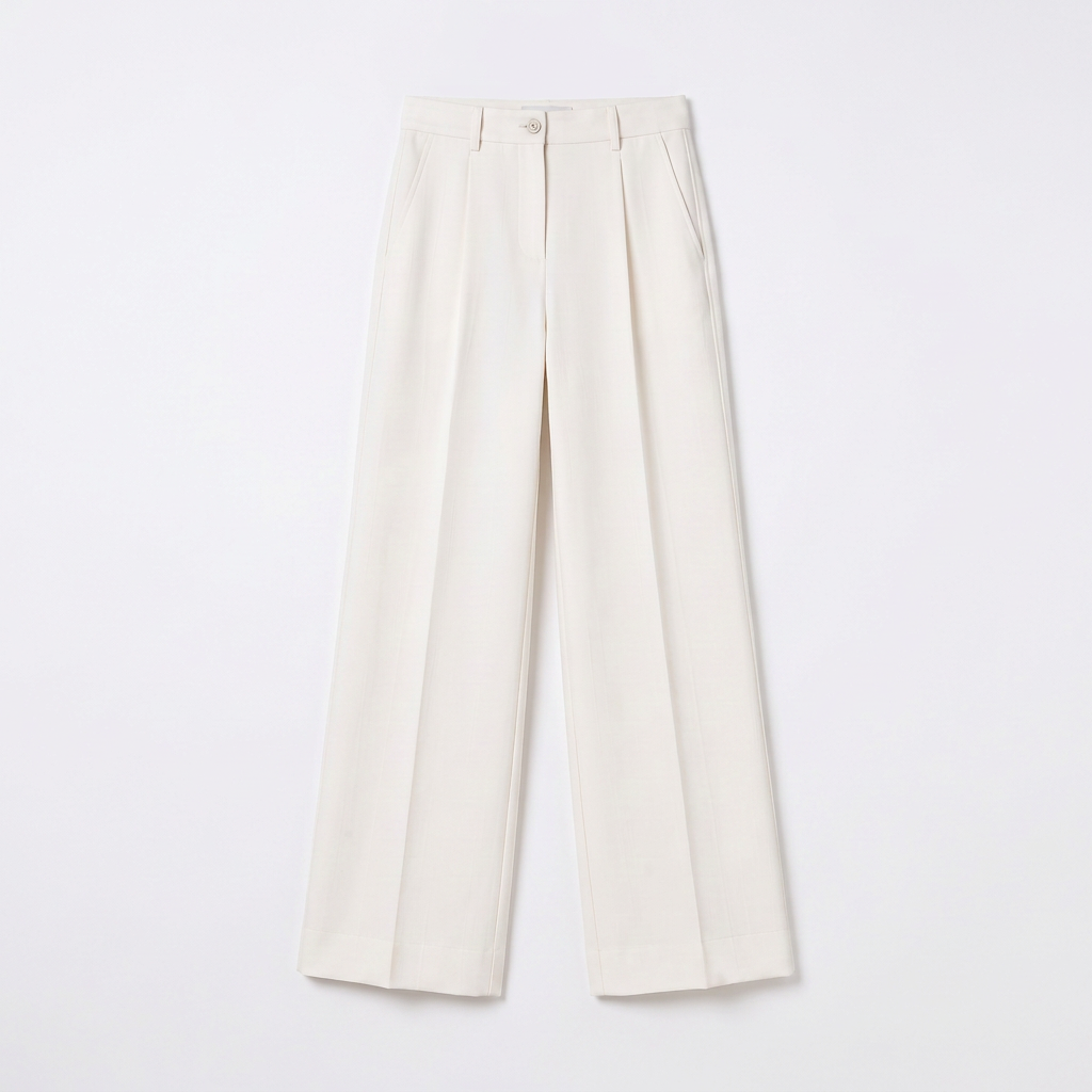 A pair of high-waisted, wide-leg trousers in a warm off-white or cream color, laid flat against a clean white background.