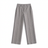 A pair of light gray wide-leg trousers shown flat against a solid white background.