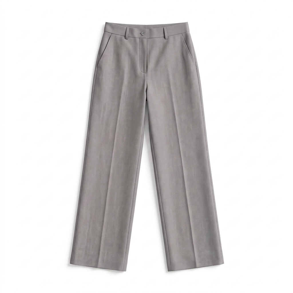 A pair of light gray wide-leg trousers shown flat against a solid white background.
