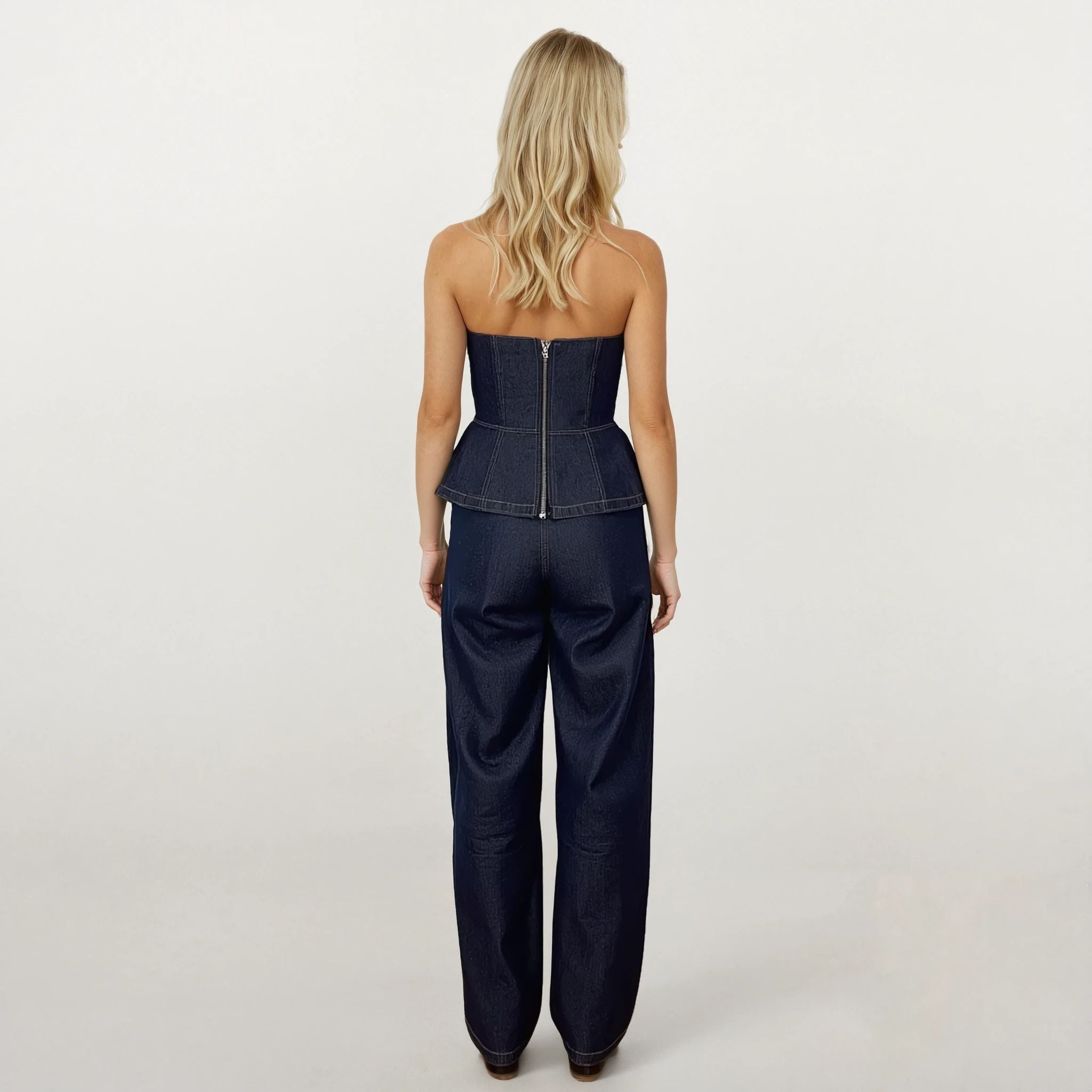 Bronte Denim Sweetheart Peplum Top with Blazer and Pants