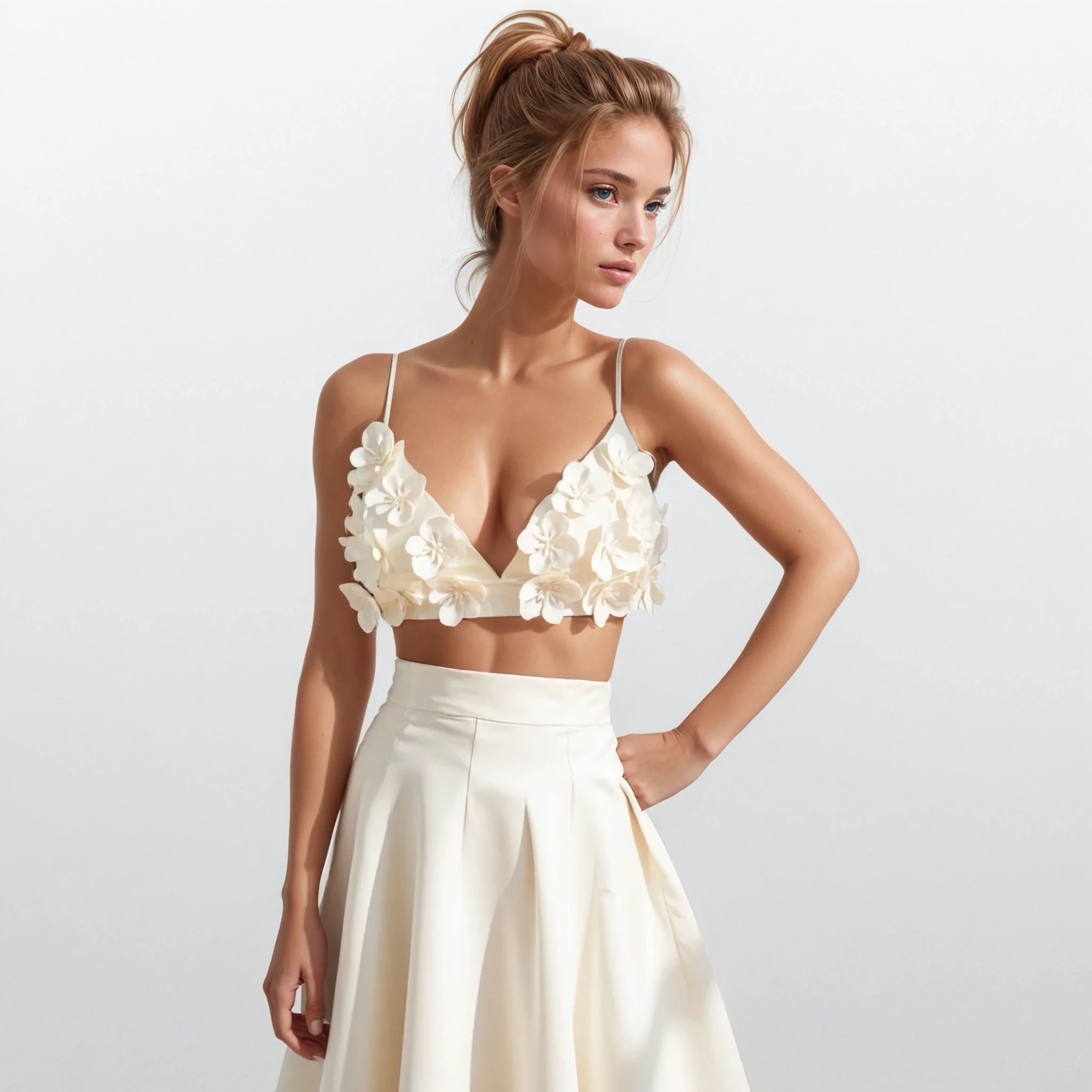 Peony Appliqué Flower Crop Top with Skirt