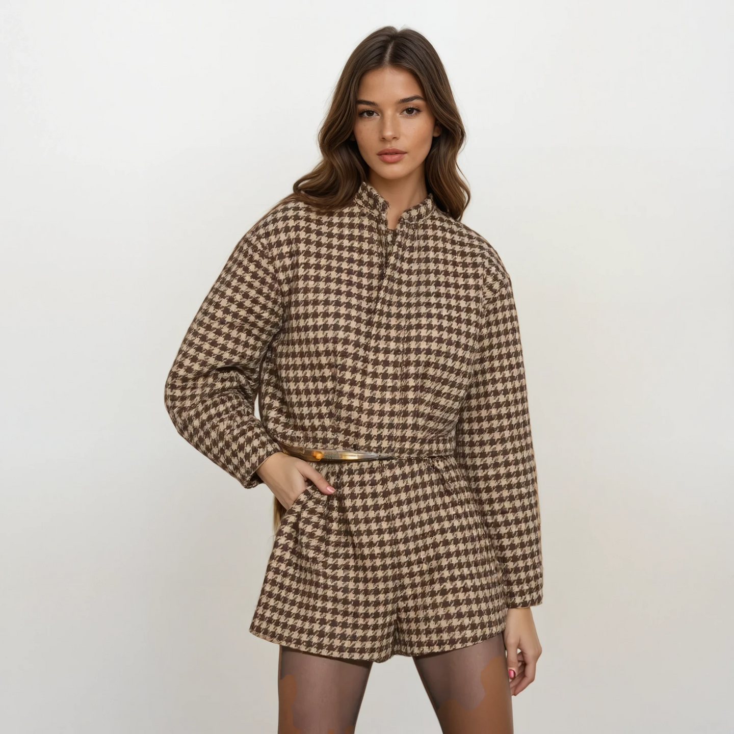 Leonie Brown Houndstooth Jacket with Shorts