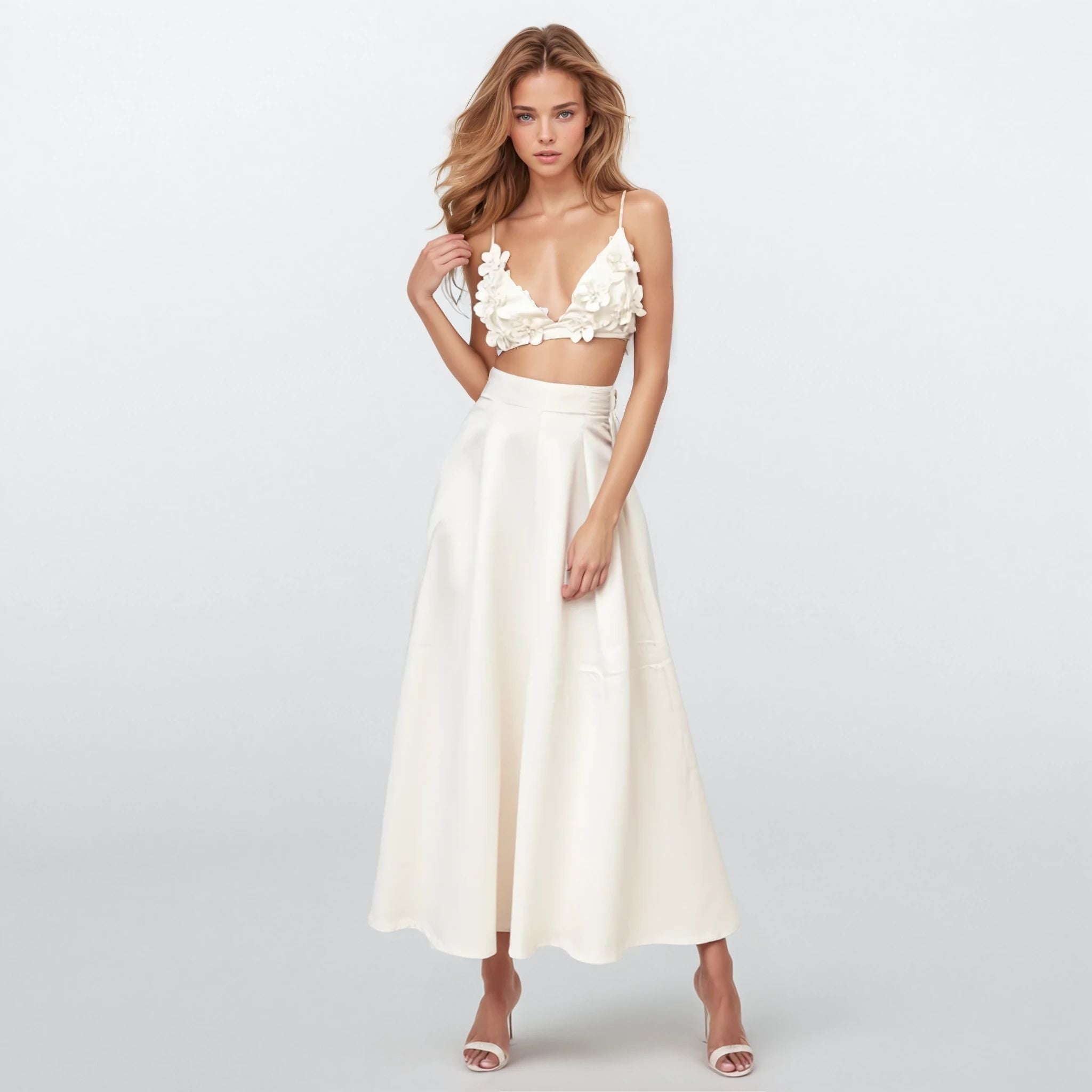Peony Appliqué Flower Crop Top with Skirt