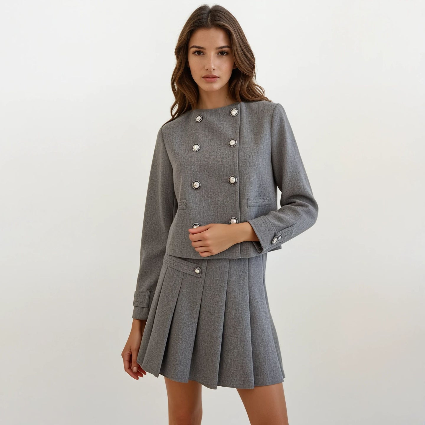 Isobel Grey Wool-Blend Jacket with Pleated Skirt