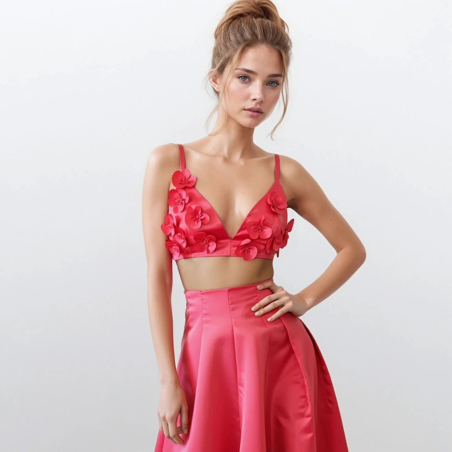 Peony Appliqué Flower Crop Top with Skirt