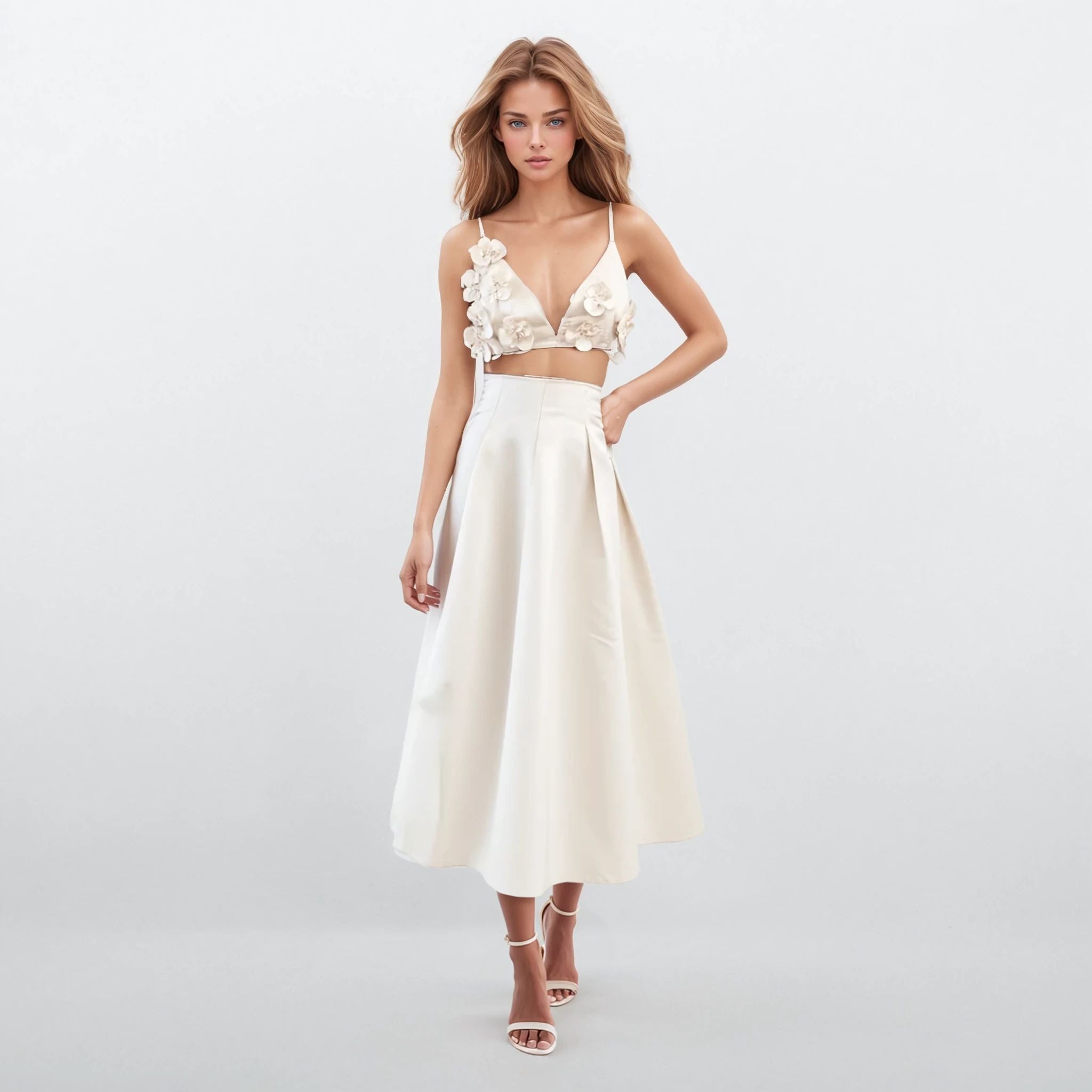 Peony Appliqué Flower Crop Top with Skirt