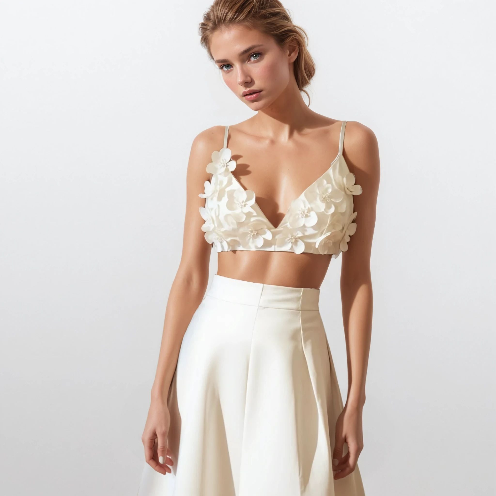 Peony Appliqué Flower Crop Top with Skirt