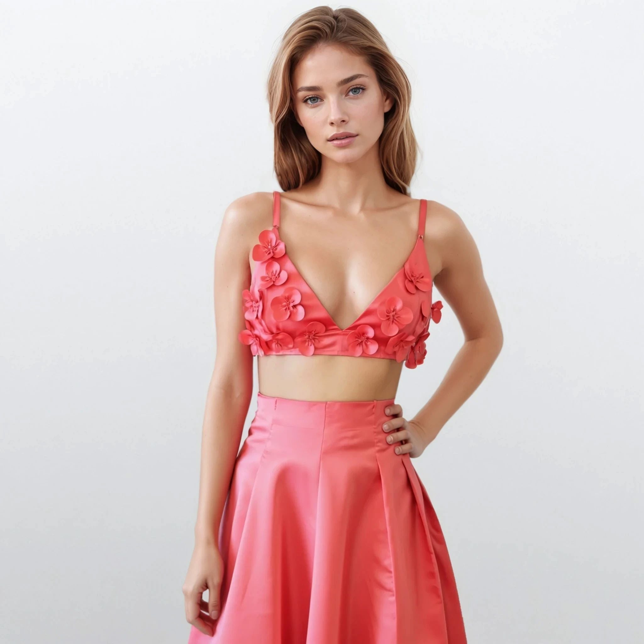 Peony Appliqué Flower Crop Top with Skirt