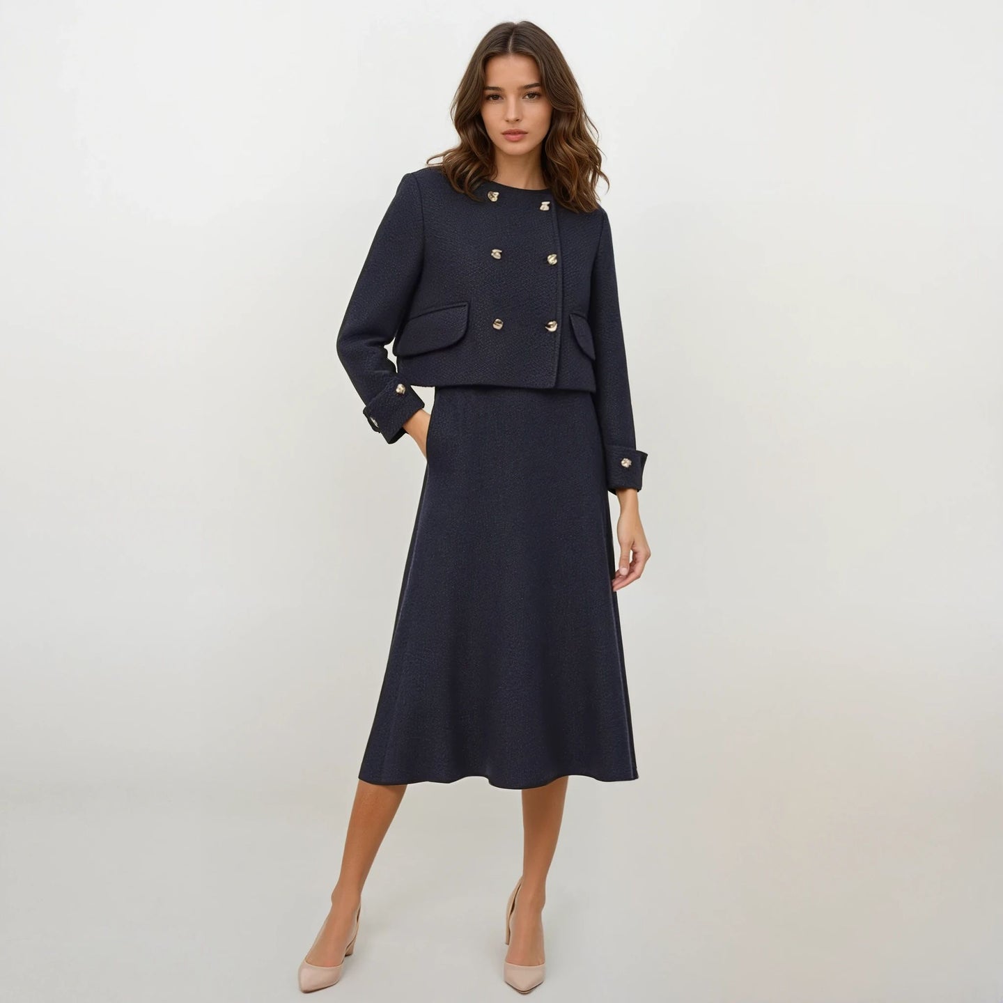 Vivienne Navy Tweed Jacket with Midi Skirt