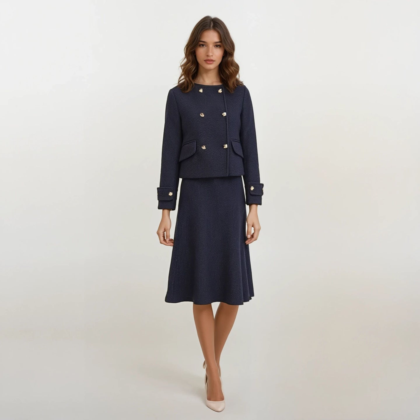 Vivienne Navy Tweed Jacket with Midi Skirt