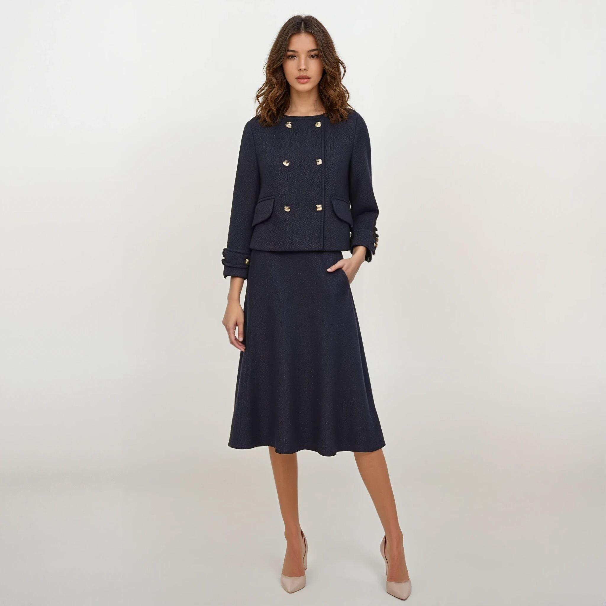 Vivienne Navy Tweed Jacket with Midi Skirt