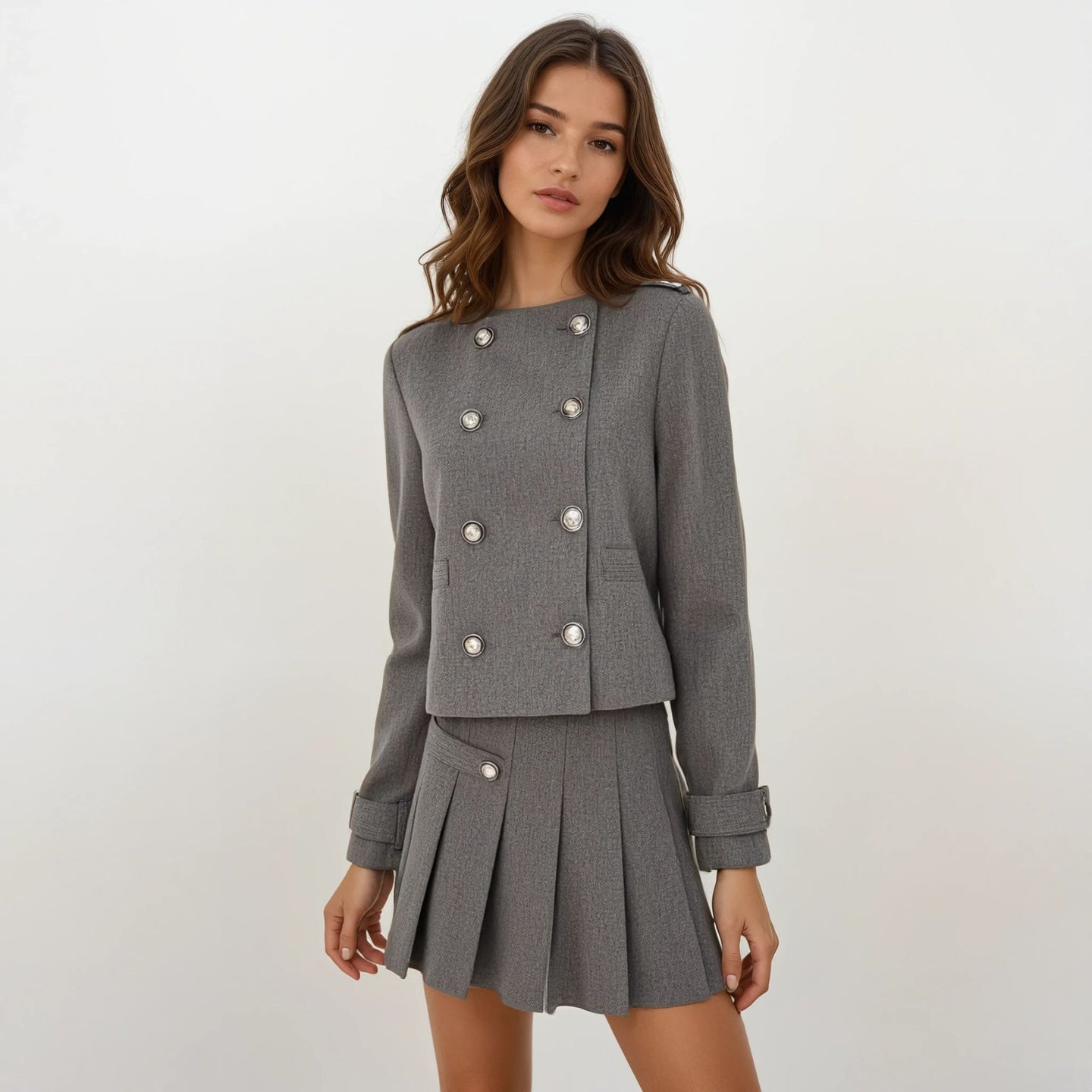 Isobel Grey Wool-Blend Jacket with Pleated Skirt